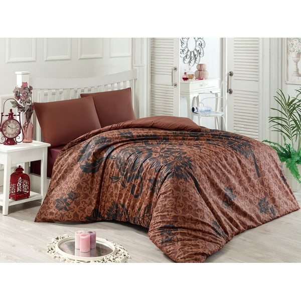 Rjava posteljnina z rjuho za zakonsko posteljo Carel, 200 x 220 cm