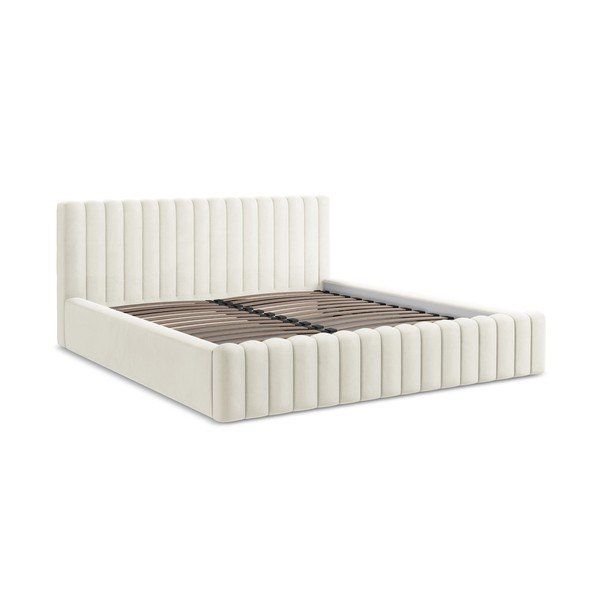 Kremno bela oblazinjena zakonska postelja s prostorom za shranjevanje z letvenim dnom 160x200 cm Lemi – Makamii-image-2