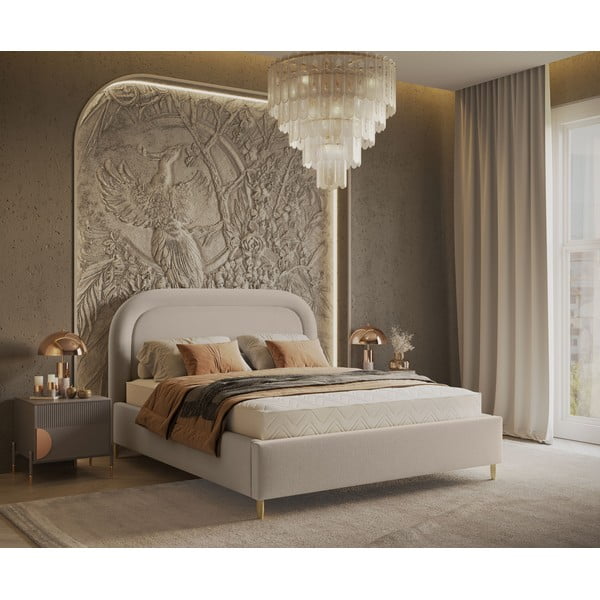 Bež oblazinjena zakonska postelja s prostorom za shranjevanje z letvenim dnom 140x200 cm Mija – Maison de Rêve-image-1