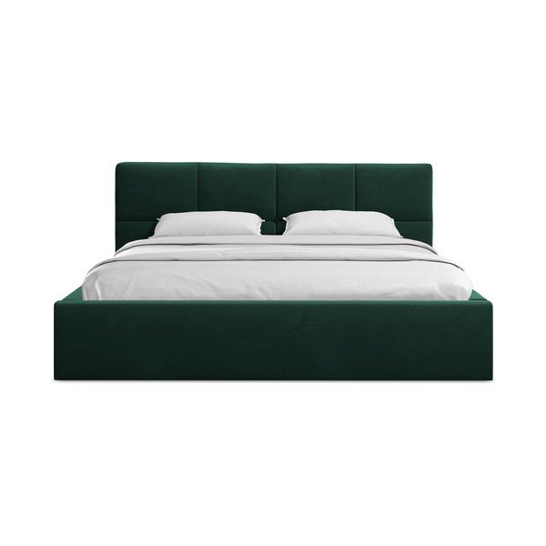 Temno zelena žametna oblazinjena zakonska postelja s prostorom za shranjevanje z letvenim dnom 140x200 cm Hiko – Makamii-image-3