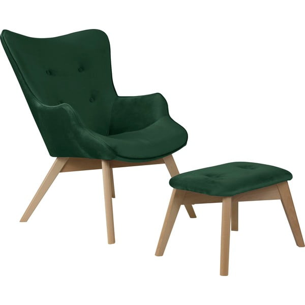 Temno zelen žameten fotelj z naslonjalom za noge Niko – Ropez