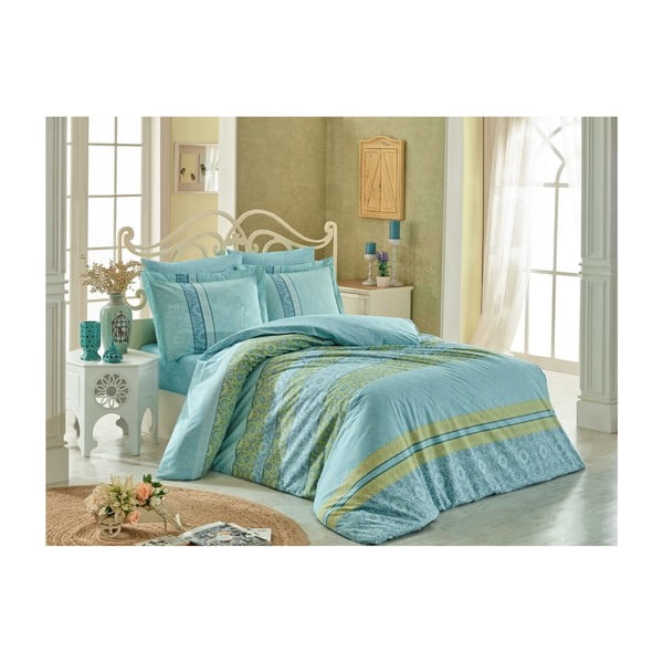 Bombažno posteljno perilo za zakonsko posteljo Emma Turquoise, 200 x 220 cm