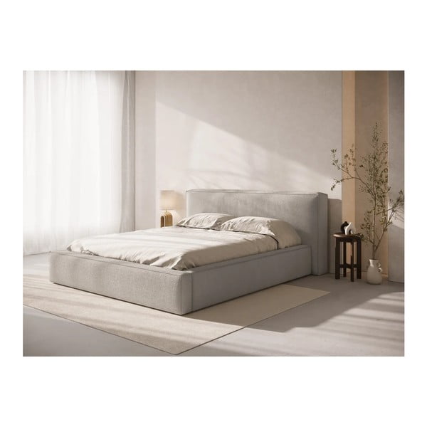 Svetlo siva oblazinjena zakonska postelja s prostorom za shranjevanje z letvenim dnom 140x200 cm Simon Olivia – Micadoni -image-1