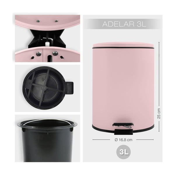 Rožnat jeklen koš za smeti s pedalom 3 l Adelar – Spirella-image-3