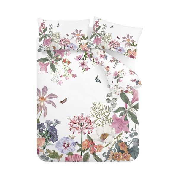 Bela/rožnata enojna bombažna posteljnina 135x200 cm Exotic Garden – RHS