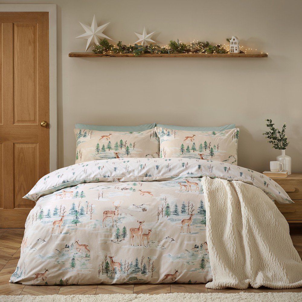 Enojna flanelna posteljnina v naravni barvi Brushed Christmas Deer