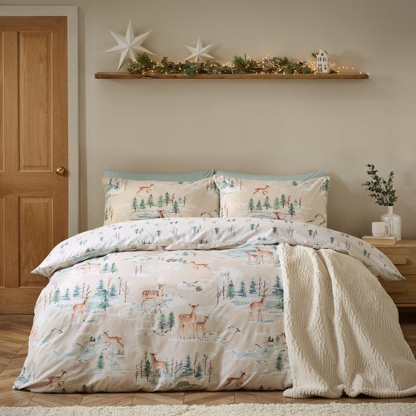 Enojna flanelna posteljnina v naravni barvi 135x200 cm Brushed Christmas Deer – Catherine Lansfield