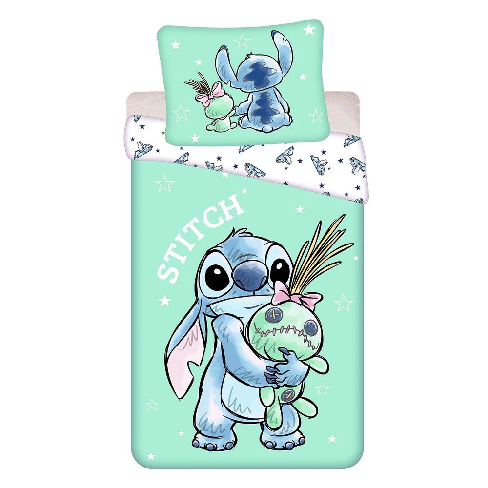 Mentolno zelena enojna bombažna otroška posteljnina 140x200 cm Lilo & Stitch "Buddies"