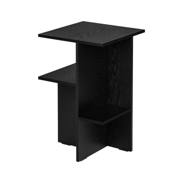 Črna nočna omarica v hrastovem dekorju s policami Atik – noo.ma