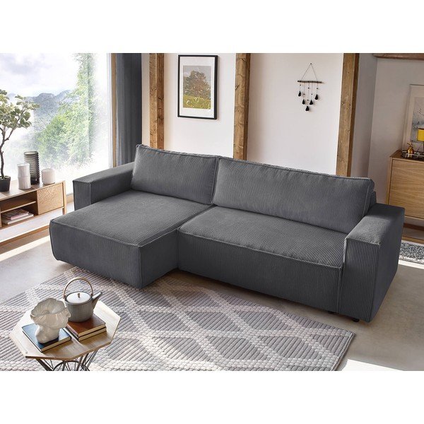 Temno siva raztegljiva kotna sedežna garnitura iz rebrastega žameta (s kotom po izbiri) Nihad – Bobochic Paris-image-1