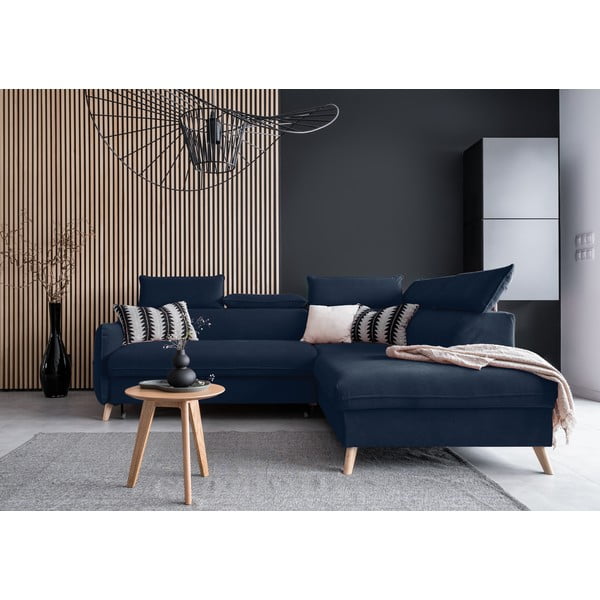 Temno modra žametna raztegljiva kotna sedežna garnitura (desni kot) Sweet Harmony – Miuform-image-1