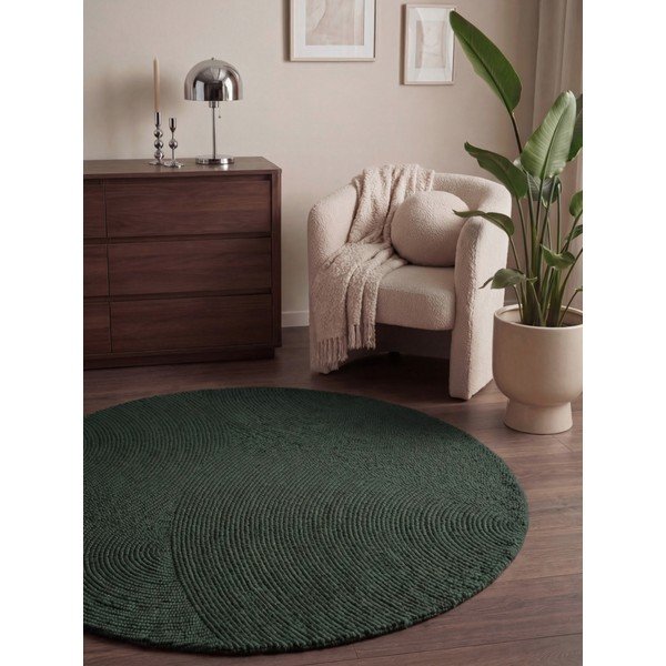 Temno zelena ročno tkana volnena okrogla preproga ø 150 cm Calmio – Hanse Home-image-1