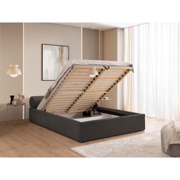 Temno siva oblazinjena zakonska postelja s prostorom za shranjevanje z letvenim dnom 160x200 cm Cille – Ropez-image-4