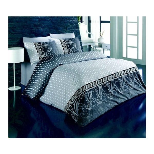 Siva in modra posteljnina za zakonsko posteljo z rjuho Pelin, 200 x 220 cm