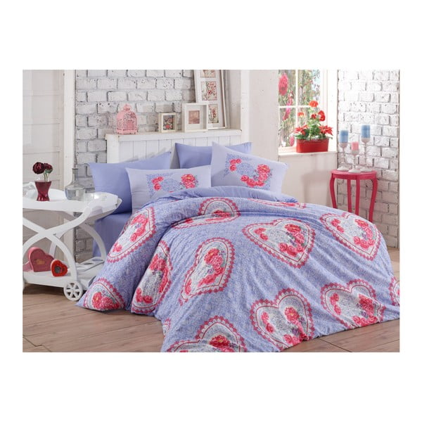 Bombažno posteljno perilo z rjuho za zakonsko posteljo Lovely Lilac, 200 x 220 cm