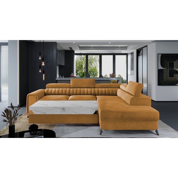 Rumena žametna raztegljiva/s prostorom za shranjevanje kotna sedežna garnitura (desni kot/v obliki črke L) Laurence – ELTAP-image-2