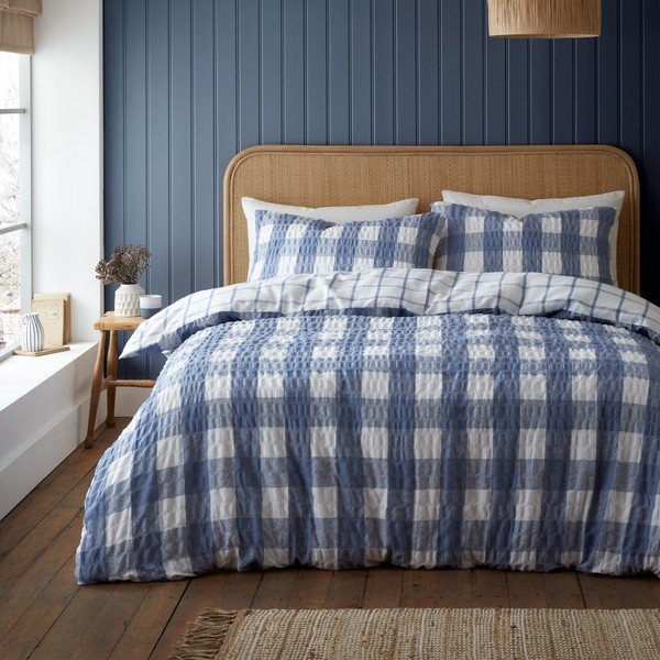 Modra flanelna posteljnina za zakonsko posteljo 200x200 cm Gingham Check – Catherine Lansfield