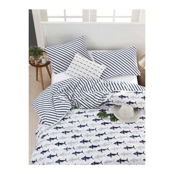  Posteljnina z rjuho za zakonsko posteljo iz bombaža Mijolnir Shark Dark Blue & White, 200 x 220 cm