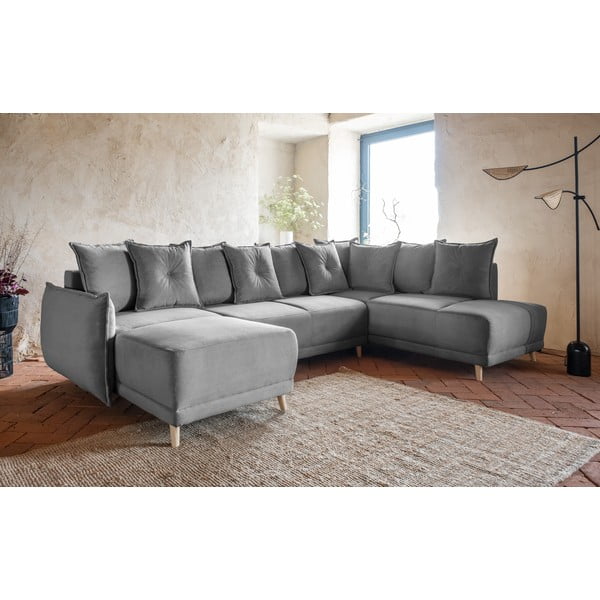 Siva raztegljiva kotna sedežna garnitura iz rebrastega žameta (desni kot/v obliki črke "U") Lazy Lukka – Miuform-image-3