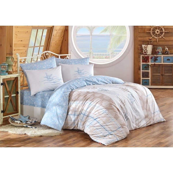 Modro-bež podaljšana bombažna posteljnina za zakonsko posteljo z rjuho in pregrinjalom 240x260 cm Fulvia - Mijolnir