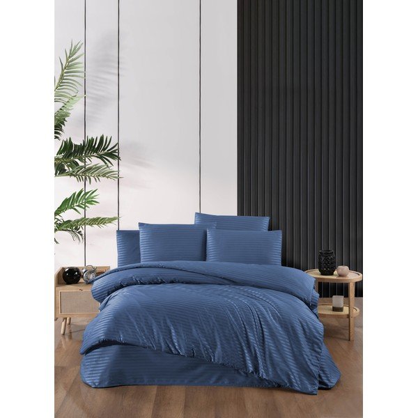 Modra podaljšana posteljnina za zakonsko posteljo iz damasta z rjuho 4-delna 200x220 cm – Mila Home