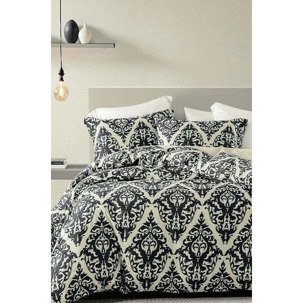 Črna/bež 4-delna podaljšana posteljnina za zakonsko posteljo iz renforce bombaža z rjuho 200x220 cm Damask – Mila Home
