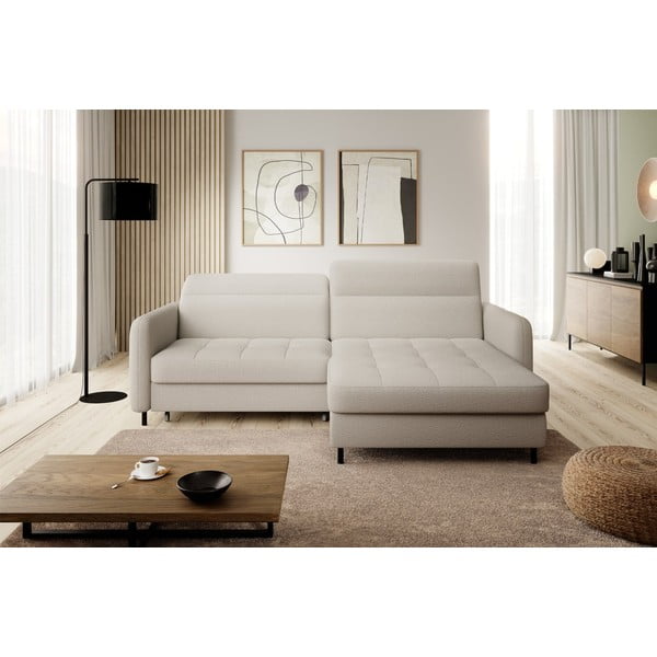 Bež raztegljiva/s prostorom za shranjevanje kotna sedežna garnitura iz tkanine bouclé (desni kot/z ležalnikom) Gomsi – ELTAP-image-3