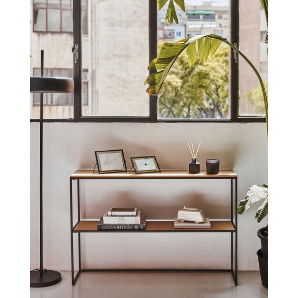 Bela/naravna stranska mizica v hrastovem dekorju 30x120 cm Yoana – Kave Home-image-1