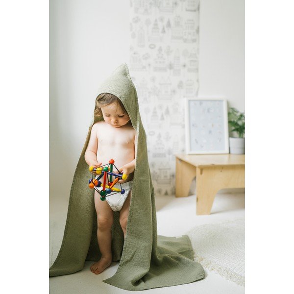 Otroška zelena lanena brisača Linen Tales Waffle, 100 x 100 cm-image-4