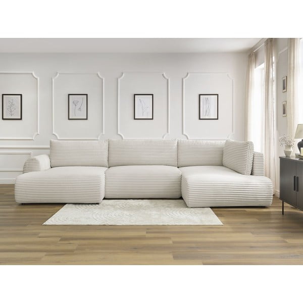 Kremno bela raztegljiva/s prostorom za shranjevanje kotna sedežna garnitura iz rebrastega žameta (desni kot/v obliki črke "U") Lucien – Bobochic Paris-image-1