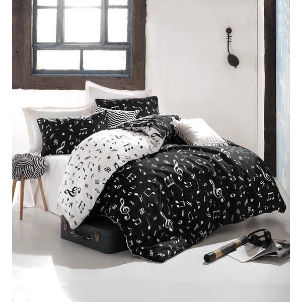 Črno-bela podaljšana posteljnina za zakonsko posteljo z rjuho in pregrinjalom 220x240 cm Melodija - Mijolnir