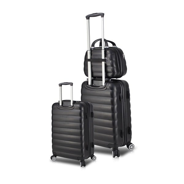 Komplet 2 črnih potovalnih kovčkov na koleščkih z USB-vtičnicami in ročnim kovčkom My Valice RESSO Cab Med & MU