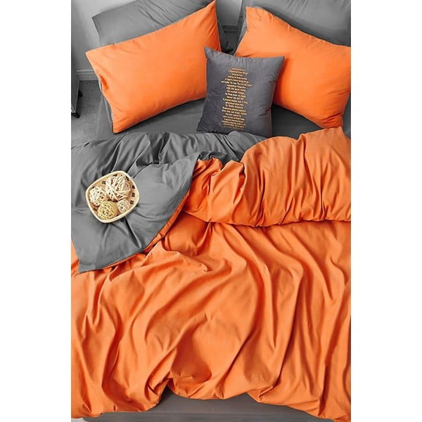 Oranžna/siva podaljšana bombažna posteljnina za zakonsko posteljo z rjuho 200x220 cm – Mila Home