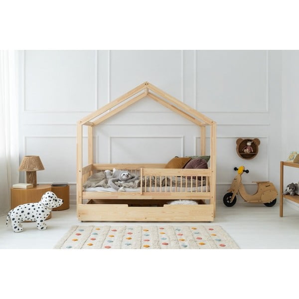 Otroška postelja iz masivnega bora v obliki hiške z dodatnim ležiščem in prostorom za shranjevanje 90x180 cm Mila RMW – Adeko