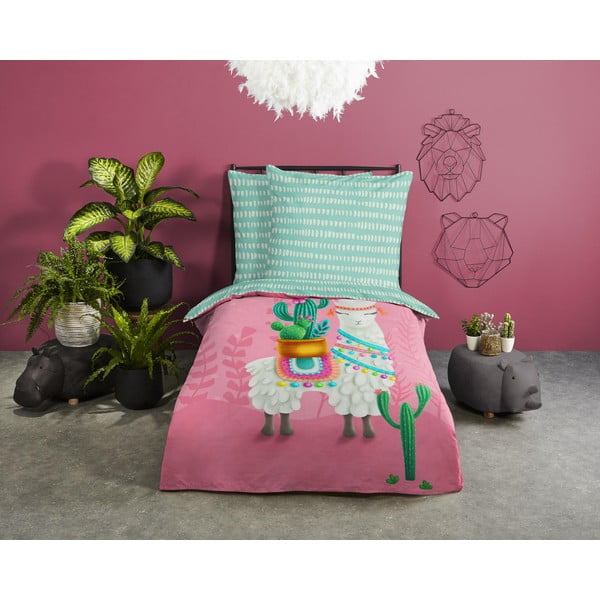 Rožnata/turkizna enojna bombažna otroška posteljnina 140x200 cm Lalama – Good Morning-image-1