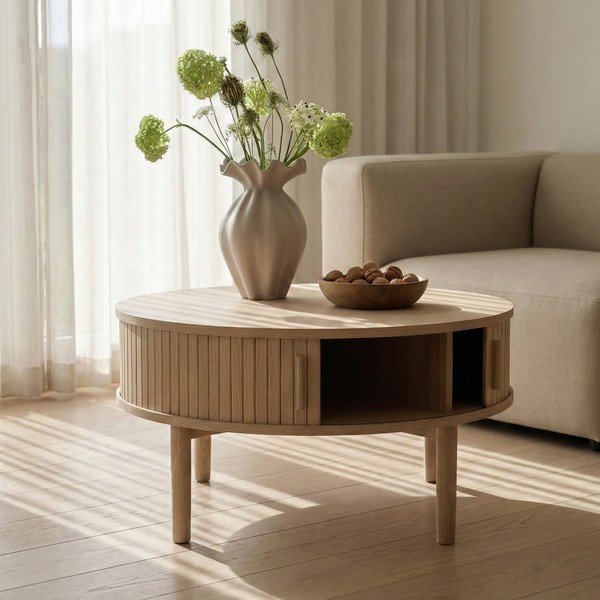 Okrogla klubska mizica v hrastovem dekorju v svetli naravni barvi ø 85 cm Meta – Unique Furniture-image-1