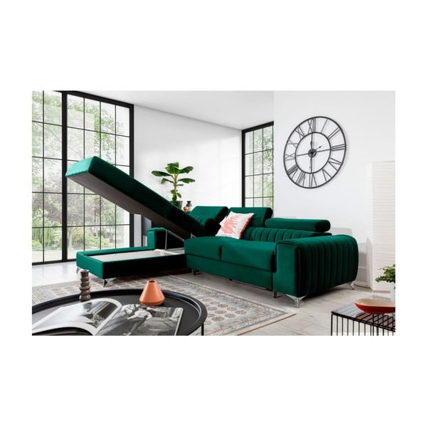 Zelena žametna raztegljiva/s prostorom za shranjevanje kotna sedežna garnitura (levi kot/z ležalnikom) Grayson – ELTAP-image-3
