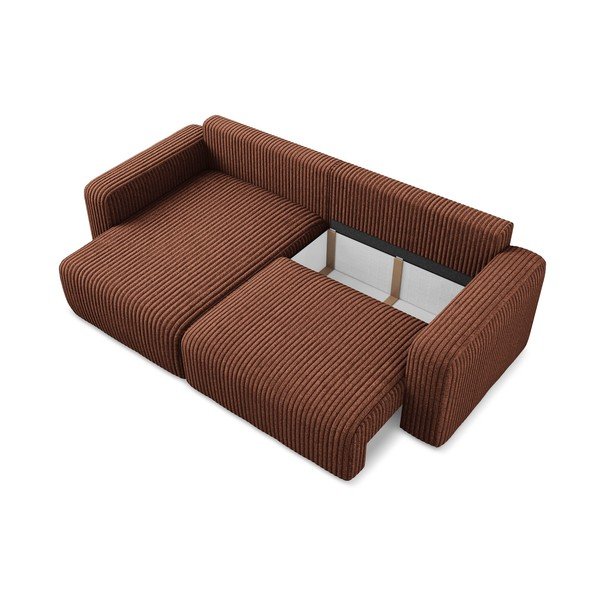 Raztegljiva/s prostorom za shranjevanje kotna sedežna garnitura iz rebrastega žameta v barvi terakote (levi kot/z ležalnikom) Kona – Makamii-image-4