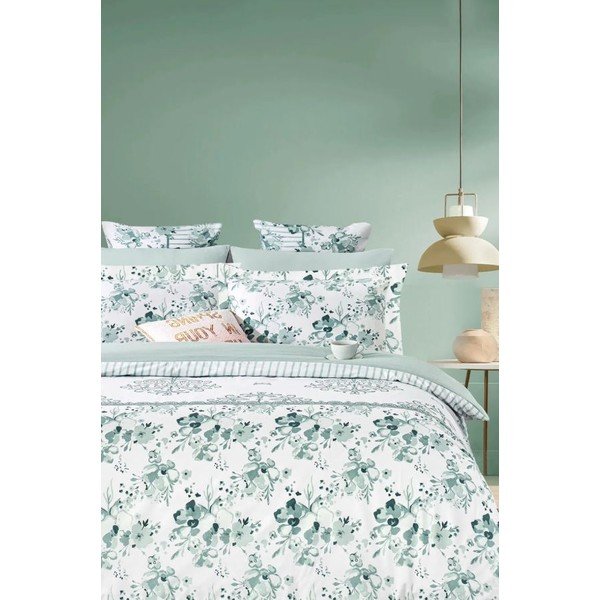 Bela/zelena 4-delna podaljšana posteljnina za zakonsko posteljo iz renforce bombaža z rjuho 200x220 cm – Mila Home