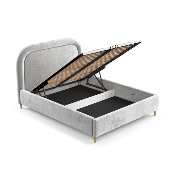 Svetlo siva oblazinjena zakonska postelja s prostorom za shranjevanje z letvenim dnom 180x200 cm Mija – Maison de Rêve-image-2