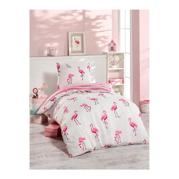Roza posteljno perilo za eno osebo Jussno Flamingos, 140 x 220 cm