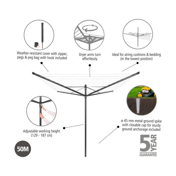 Antracitno sivo vrtno stojalo za sušenje perila 50 m Lift-O-Matic – Brabantia-image-4