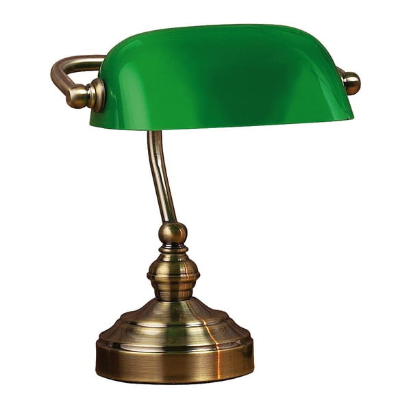 Zeleno-medeninasta namizna svetilka Markslöjd Bankers, višina 25 cm