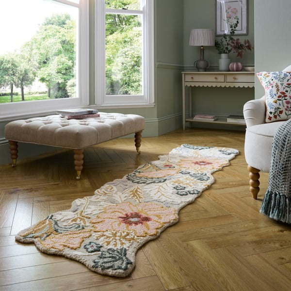 Svetlo rožnat ročno tkan volnen tekač 60x230 cm Daphne Shaped Floral – Flair Rugs-image-1