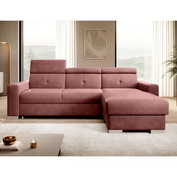 Rožnata žametna raztegljiva/s prostorom za shranjevanje kotna sedežna garnitura (desni kot/z ležalnikom) Fresia – ELTAP-image-1