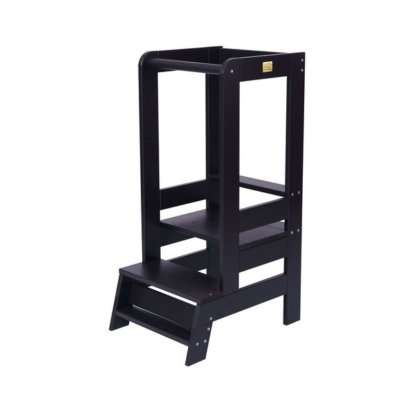 Črn stolček pomagalček iz masivnega bora Montessori – Meowbaby