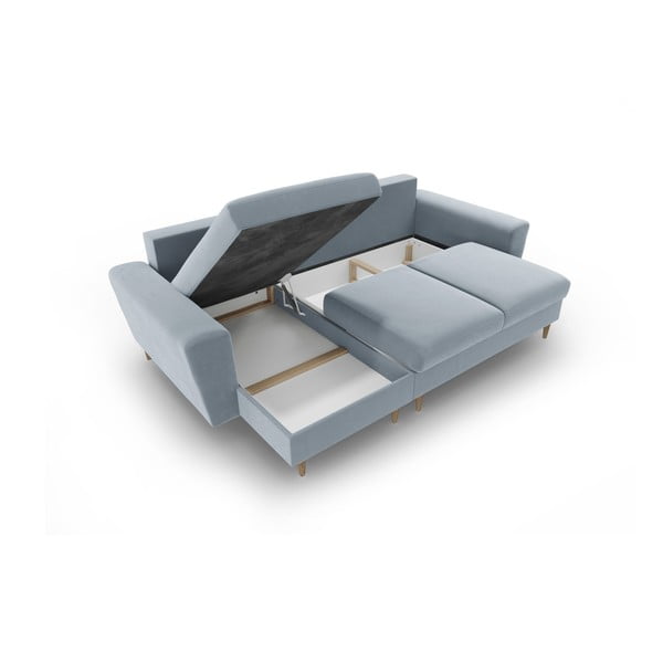 Svetlo modra žametna raztegljiva kotna sedežna garnitura s prostorom za shranjevanje Kyoto – Cosmopolitan Design-image-3