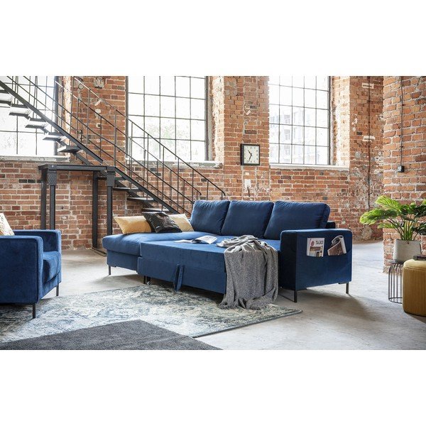 Mornarsko modra žametna raztegljiva sedežna garnitura Miuform Lofty Lilly, levi kot-image-4