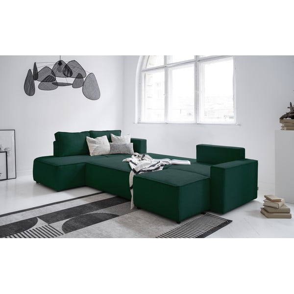 Temno zelena raztegljiva kotna sedežna garnitura iz rebrastega žameta (levi kot/v obliki črke "U") Brave Dave – Miuform-image-4