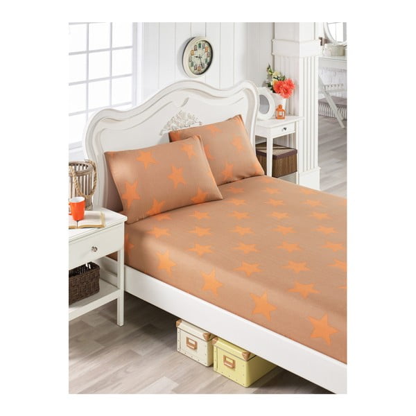 Komplet oranžne bombažne rjuhe in 2 prevleki za vzglavnik za enojno posteljo Stars Lusno, 100 x 200 cm